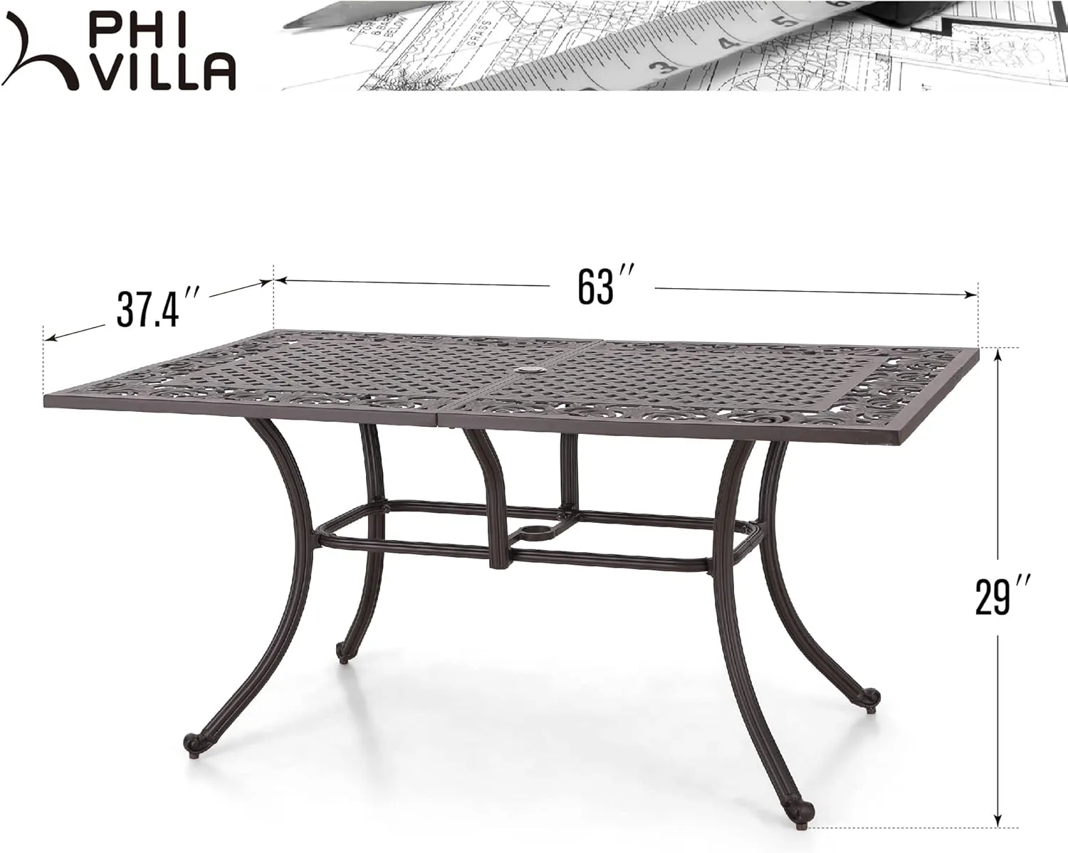 PHI VILLA Cast Aluminum Rectangular Patio Dining Tables for 6 Person, 64" x 37" Engraved Cast-Top Aluminum Table with 2.3" Umbrella Hole, Lawn Garden Tables for All Weather