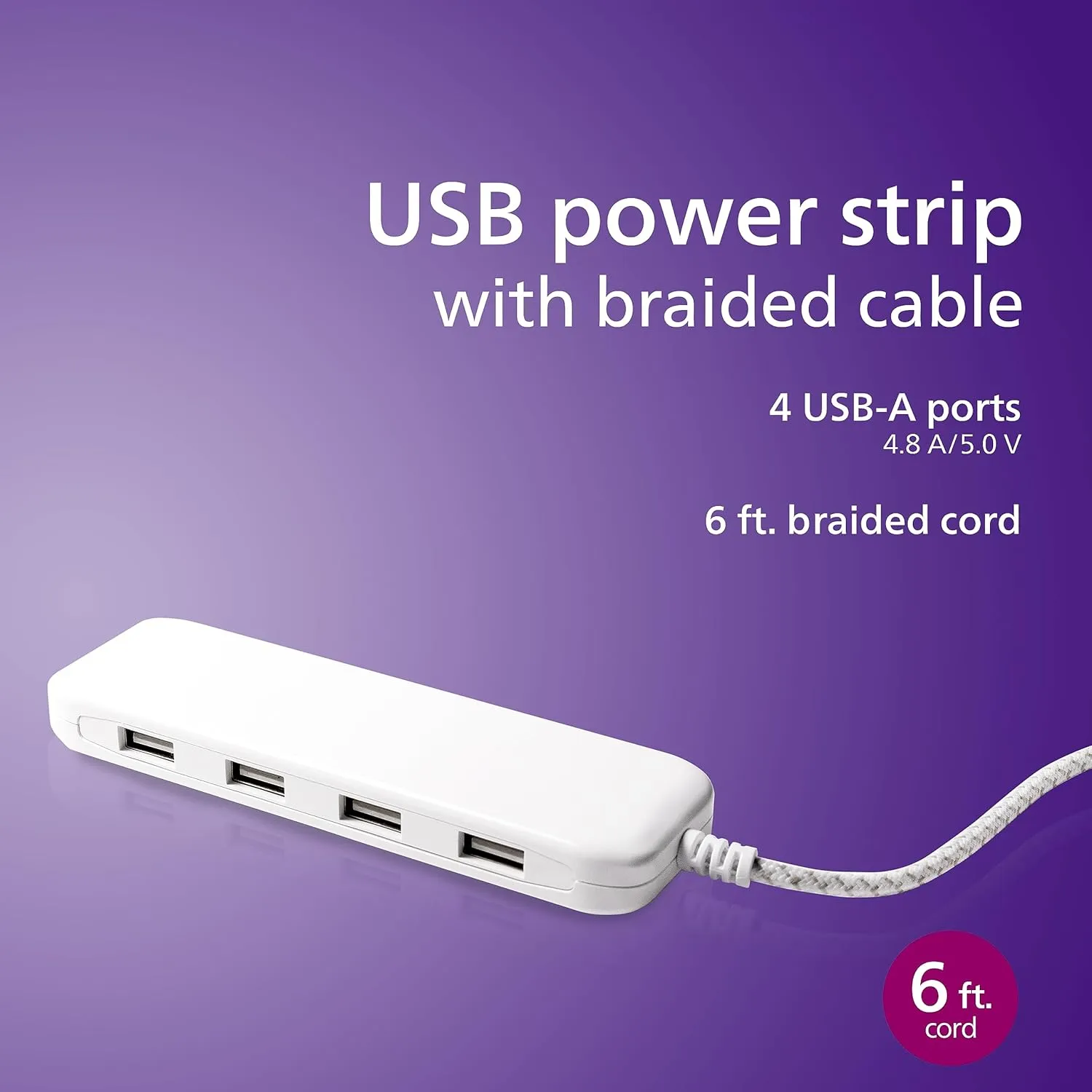 Philips 24W USB Extension Cord Power Strip Charging Station, for IPhone 11/Pro/Max/XS/XR/X/8, iPad Pro, Samsung Galaxy S10/S9/Plus, Google Pixel, USB-A, 6 ft. Braided Cord, DLK2506/27