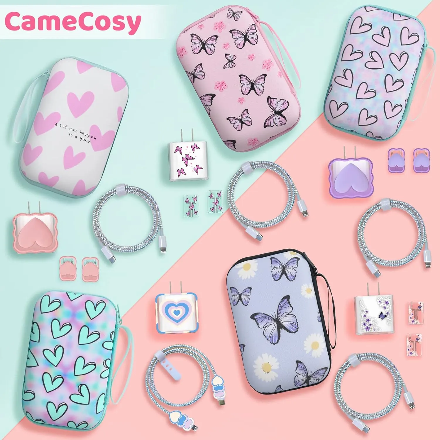 Phone Charger Storage Case Set with Blue Carrying Case Bag with Lovely Heart Cute Cable Protector Set, Travel Cable Organizer,Soft USB Phone Earphone Charger Protector Cover Compatible for iPhone