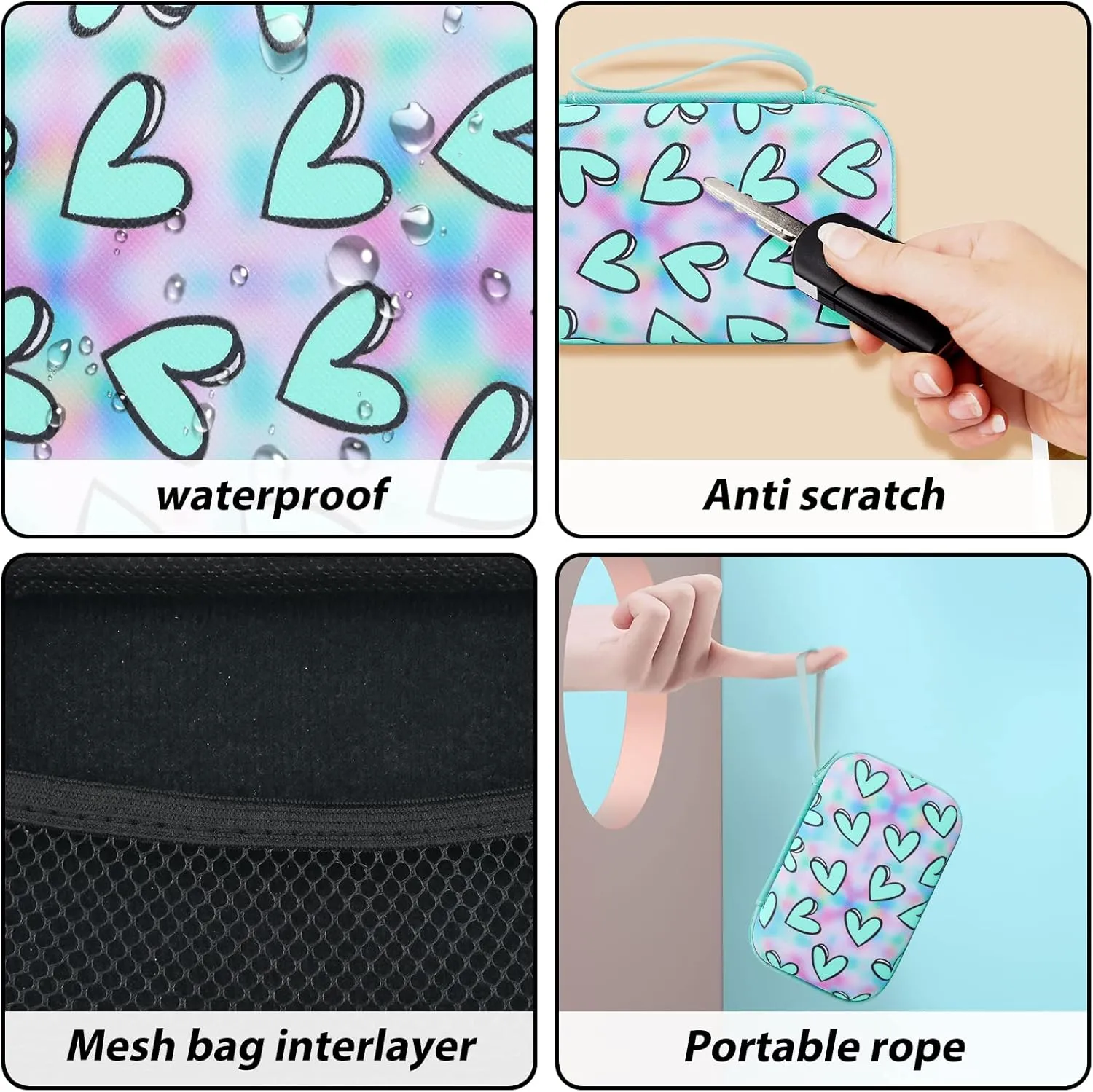 Phone Charger Storage Case Set with Blue Carrying Case Bag with Lovely Heart Cute Cable Protector Set, Travel Cable Organizer,Soft USB Phone Earphone Charger Protector Cover Compatible for iPhone