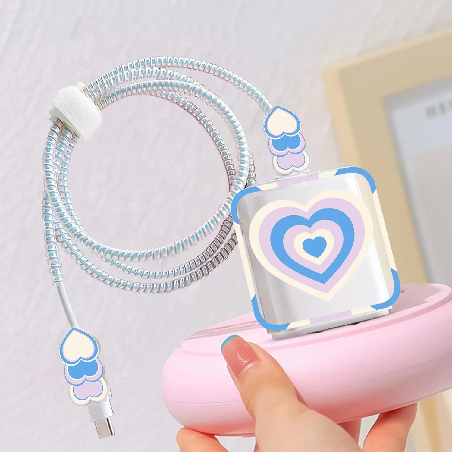 Phone Charger Storage Case Set with Blue Carrying Case Bag with Lovely Heart Cute Cable Protector Set, Travel Cable Organizer,Soft USB Phone Earphone Charger Protector Cover Compatible for iPhone