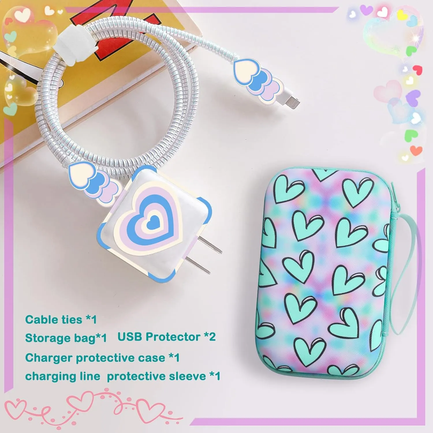 Phone Charger Storage Case Set with Blue Carrying Case Bag with Lovely Heart Cute Cable Protector Set, Travel Cable Organizer,Soft USB Phone Earphone Charger Protector Cover Compatible for iPhone