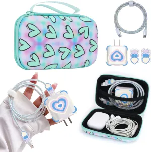 Phone Charger Storage Case Set with Blue Carrying Case Bag with Lovely Heart Cute Cable Protector Set, Travel Cable Organizer,Soft USB Phone Earphone Charger Protector Cover Compatible for iPhone