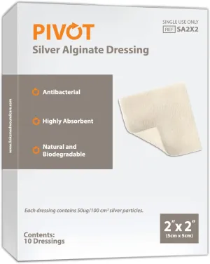 Pivot Silver Alginate Wound Dressing – All-Natural First Aid | 2x2 Dressings, Box of 10