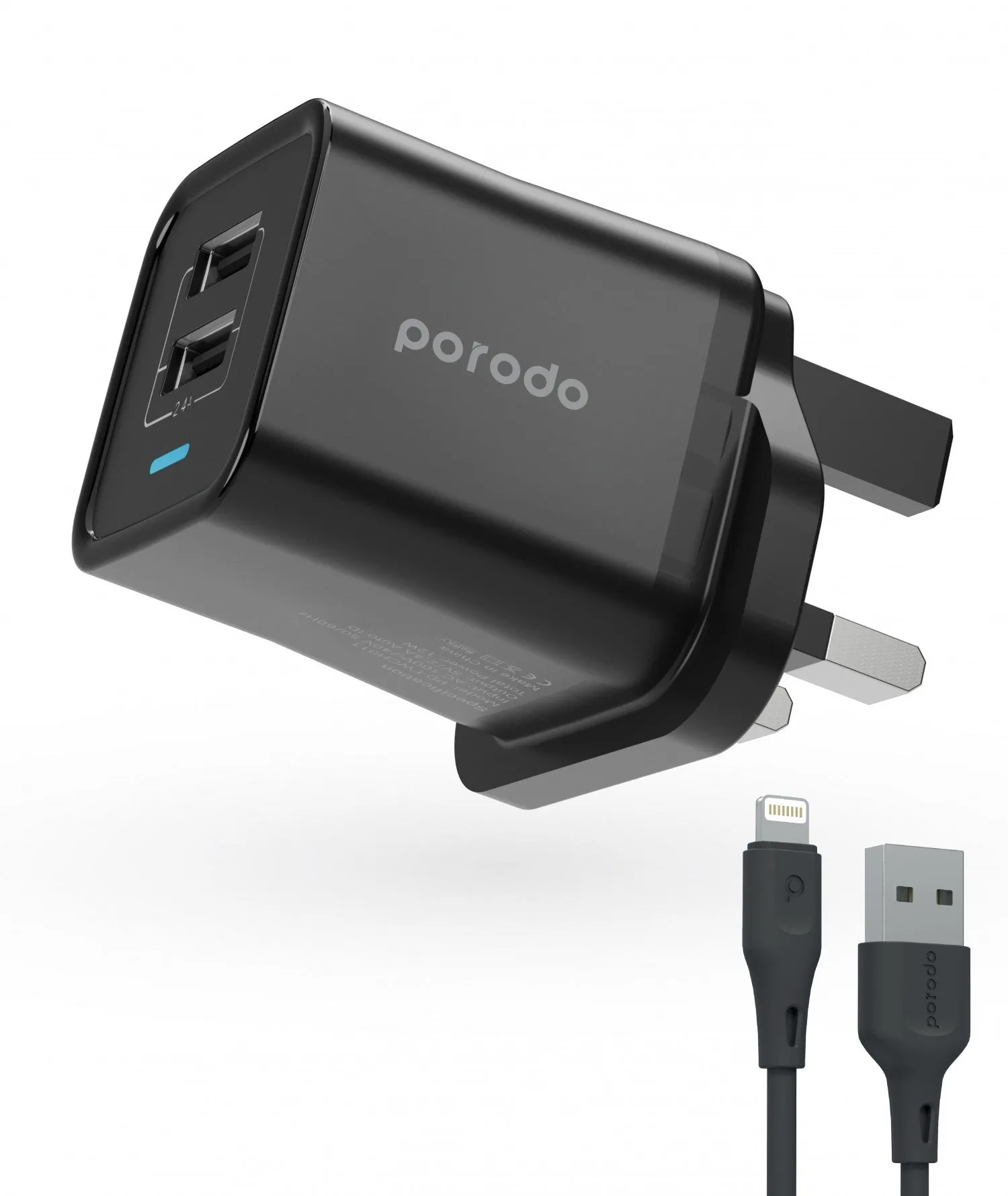 Porodo Dual Port Wall Charger 2.4A With 1.2m Lightning Cable