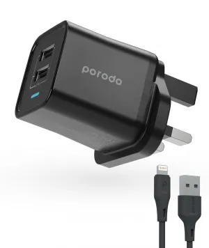 Porodo Dual Port Wall Charger 2.4A With 1.2m Lightning Cable