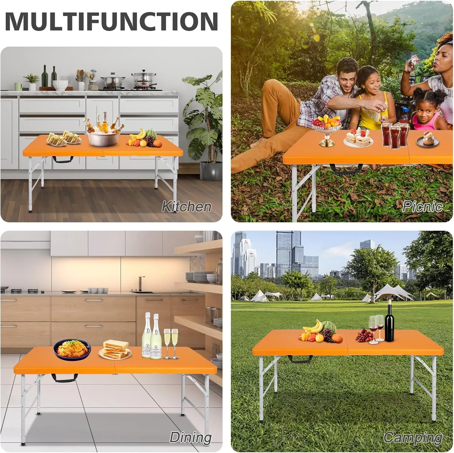 Portable 4Ft Folding Table, Heavy Duty Plastic Fold-in-Half Utility Foldable Table Small, Adjustable Height Plastic Folding Table with Carrying Handle for Camping &Party Indoor/Outdoor(Orange)