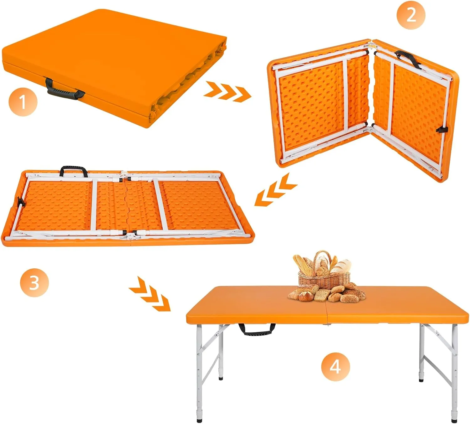 Portable 4Ft Folding Table, Heavy Duty Plastic Fold-in-Half Utility Foldable Table Small, Adjustable Height Plastic Folding Table with Carrying Handle for Camping &Party Indoor/Outdoor(Orange)