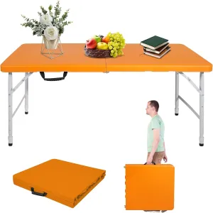 Portable 4Ft Folding Table, Heavy Duty Plastic Fold-in-Half Utility Foldable Table Small, Adjustable Height Plastic Folding Table with Carrying Handle for Camping &Party Indoor/Outdoor(Orange)