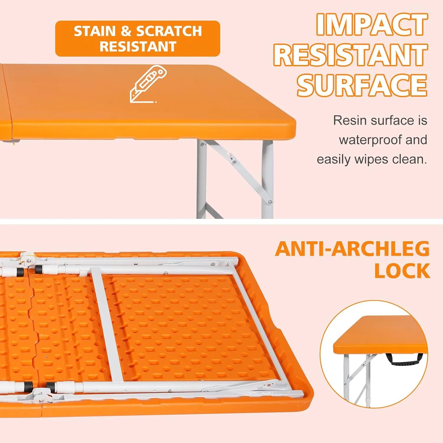 Portable 4Ft Folding Table, Heavy Duty Plastic Fold-in-Half Utility Foldable Table Small, Adjustable Height Plastic Folding Table with Carrying Handle for Camping &Party Indoor/Outdoor(Orange)