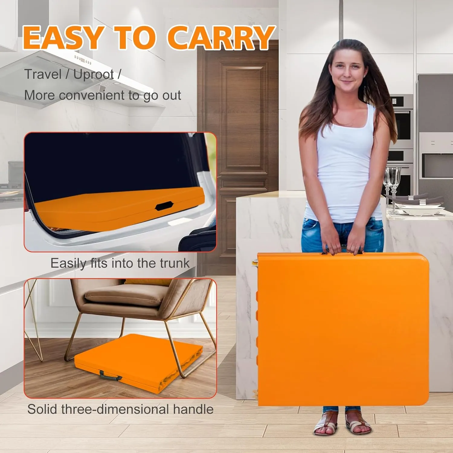 Portable 4Ft Folding Table, Heavy Duty Plastic Fold-in-Half Utility Foldable Table Small, Adjustable Height Plastic Folding Table with Carrying Handle for Camping &Party Indoor/Outdoor(Orange)