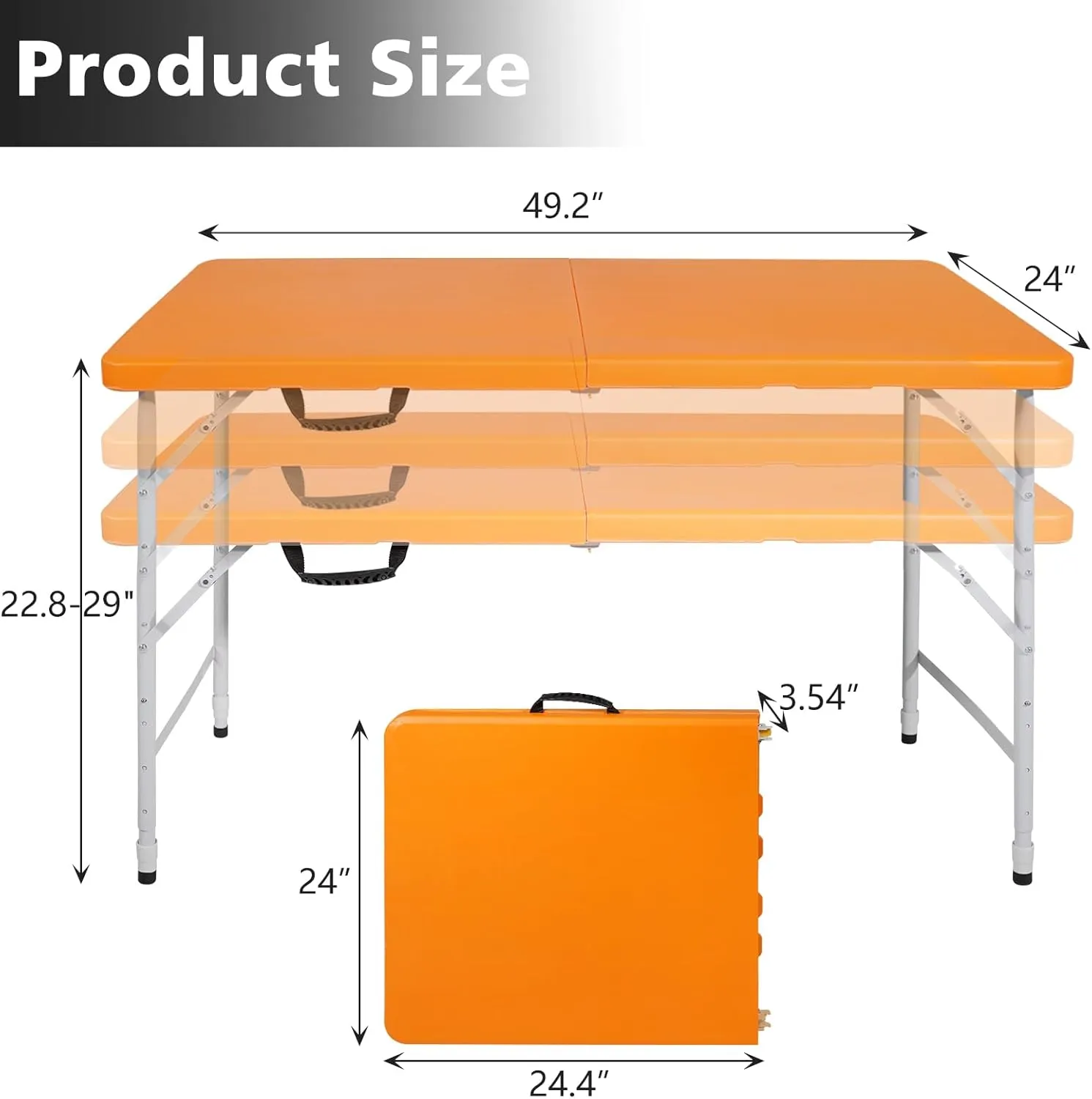 Portable 4Ft Folding Table, Heavy Duty Plastic Fold-in-Half Utility Foldable Table Small, Adjustable Height Plastic Folding Table with Carrying Handle for Camping &Party Indoor/Outdoor(Orange)