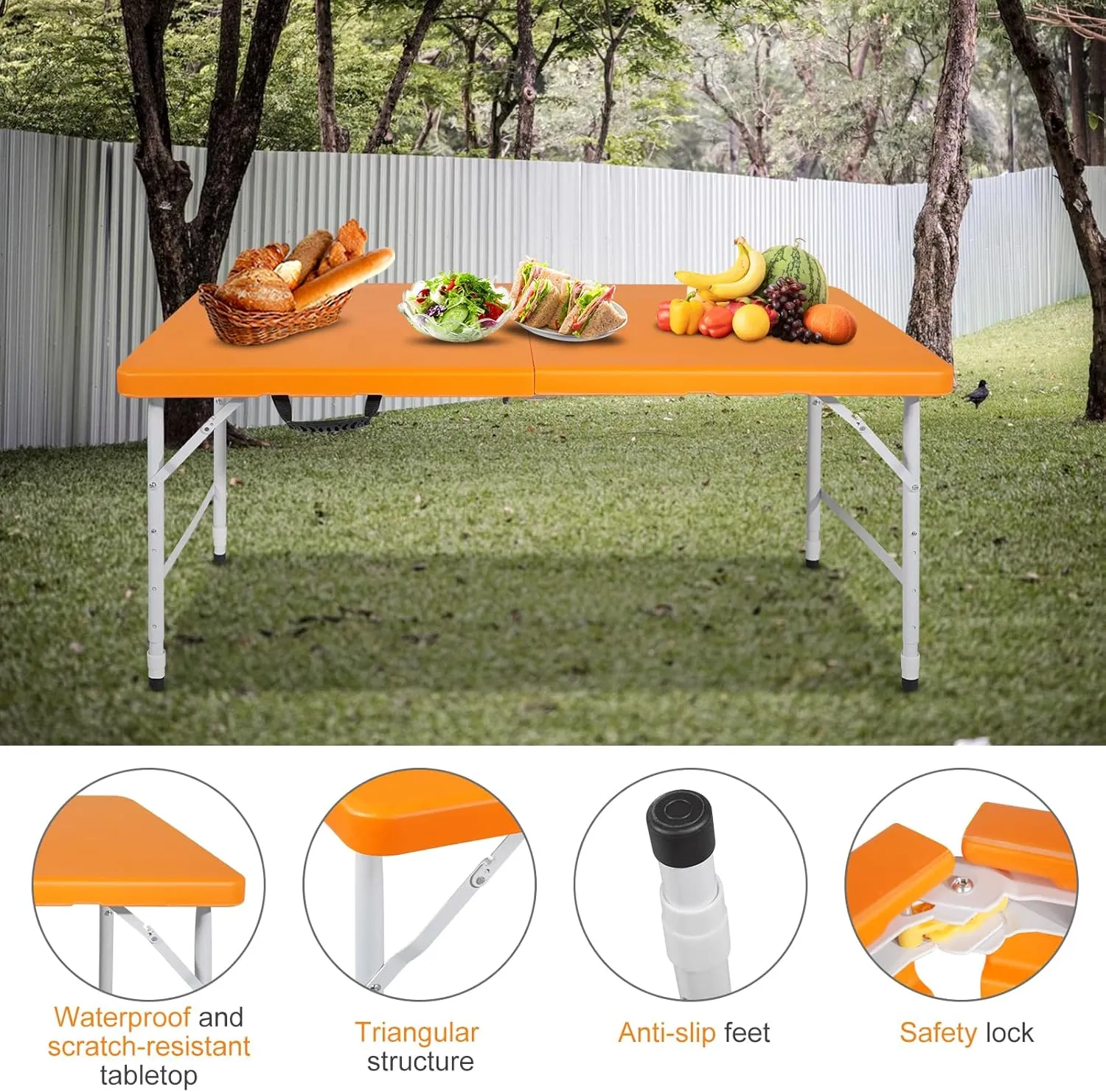 Portable 4Ft Folding Table, Heavy Duty Plastic Fold-in-Half Utility Foldable Table Small, Adjustable Height Plastic Folding Table with Carrying Handle for Camping &Party Indoor/Outdoor(Orange)