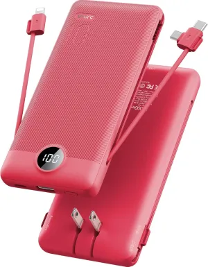 Portable Charger Built-in Cables and AC Wall Plug, VRURC USB C Power Bank 10000mAh, Travel Battery Portable Phone Charger Compact Lightweight External Battery Pack for SmartPhones,Tablets-Viva Magenta