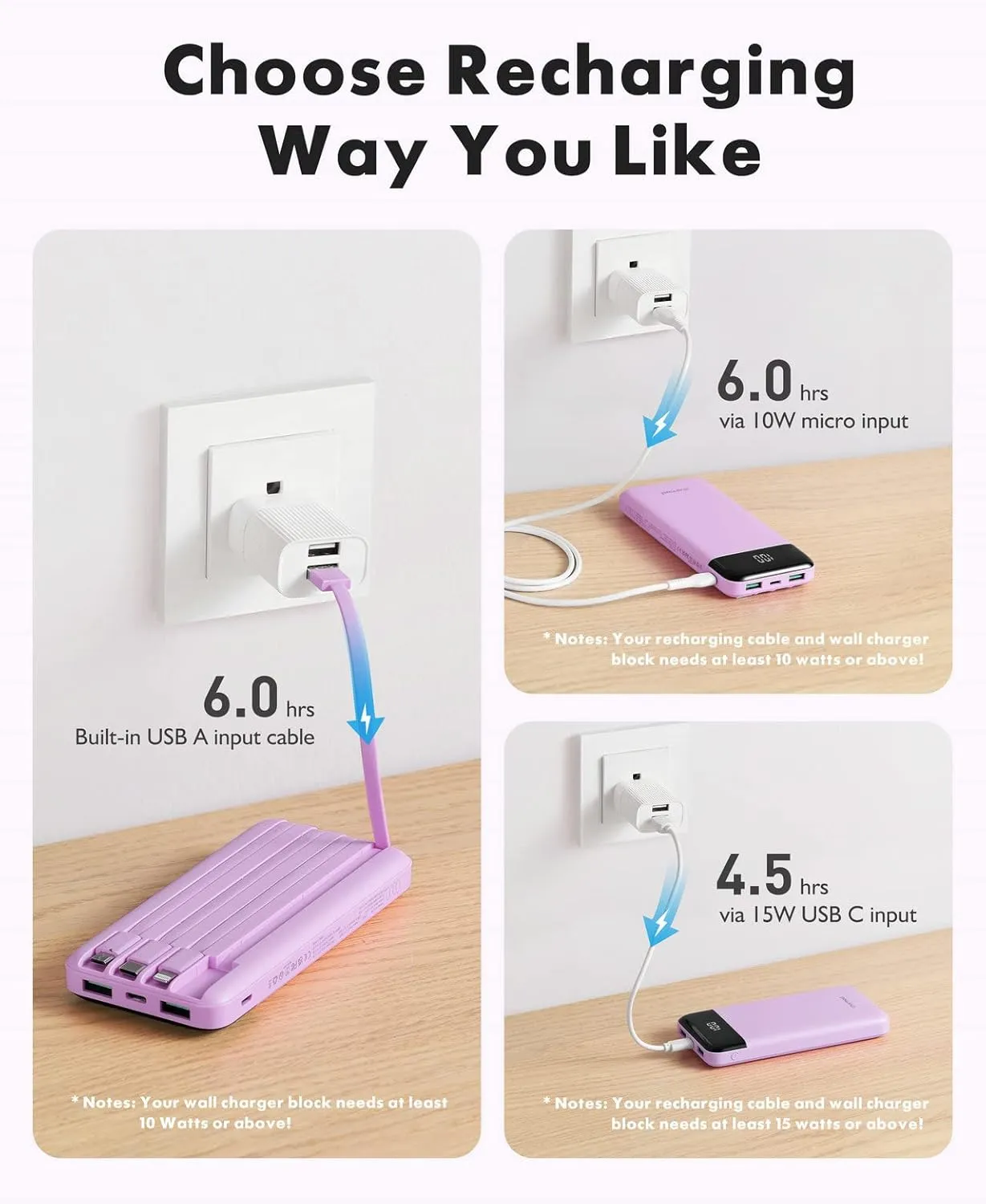 Portable Charger with Built in Cables, Portable Charger with Cords Wires Slim 10000mAh Travel Essentials Battery Pack 6 Outputs 3A High Speed Power Bank for iPhone Samsung Pixel LG Moto iPad
