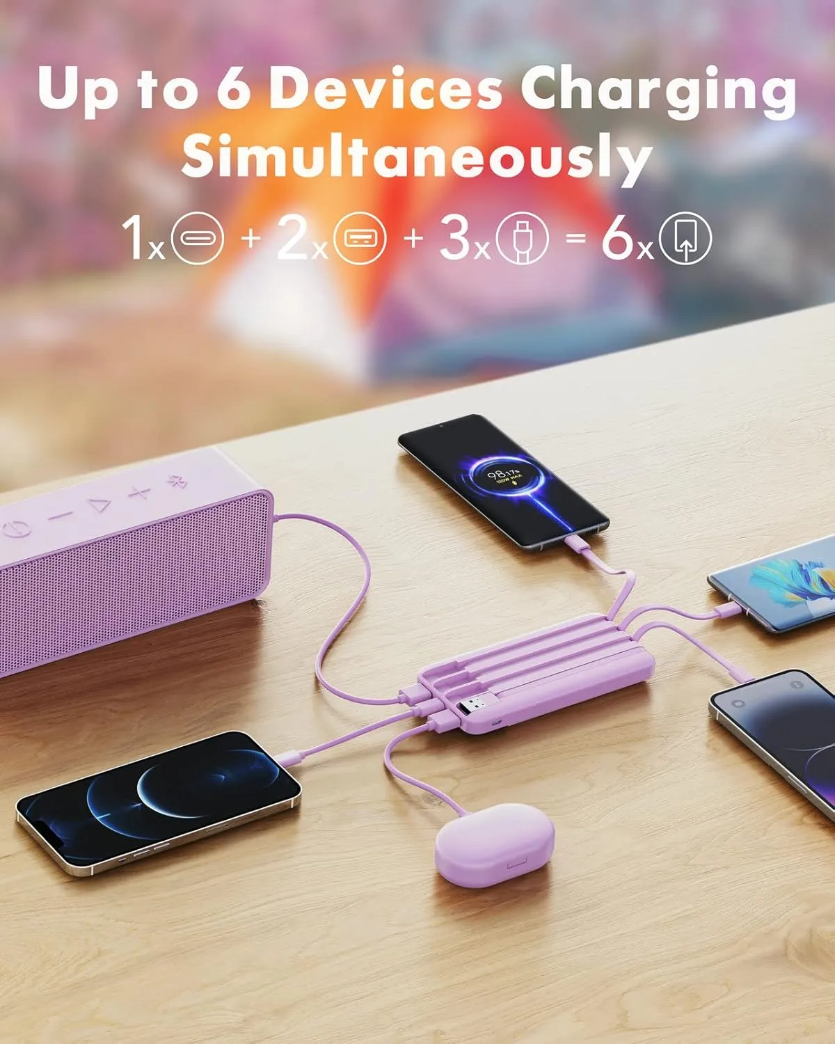Portable Charger with Built in Cables, Portable Charger with Cords Wires Slim 10000mAh Travel Essentials Battery Pack 6 Outputs 3A High Speed Power Bank for iPhone Samsung Pixel LG Moto iPad