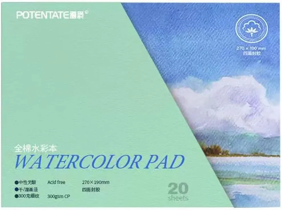 Potentate 10 X 7 Cotton Watercolor Paper Block, Textured Surface Watercolor Paper Pad, 140lb/300gsm, 20 Sheets for Painting & Drawing, Wet, Mixed Media Artist Painting Book (Hot Press)