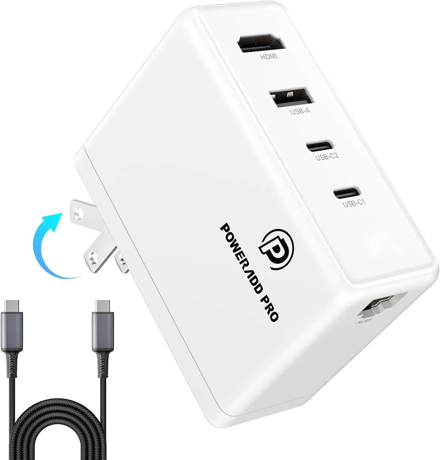 POWERΛDD PRO 100W Foldable 5-in-1 Travel Adapter: 5 Port Compact Hub with USB-A, Dual USB-C, HDMI, Ethernet, Fast Charge for MacBook, iPad, Samsung S23, HP, and More