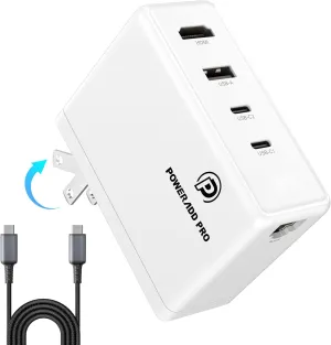 POWERΛDD PRO 100W Foldable 5-in-1 Travel Adapter: 5 Port Compact Hub with USB-A, Dual USB-C, HDMI, Ethernet, Fast Charge for MacBook, iPad, Samsung S23, HP, and More