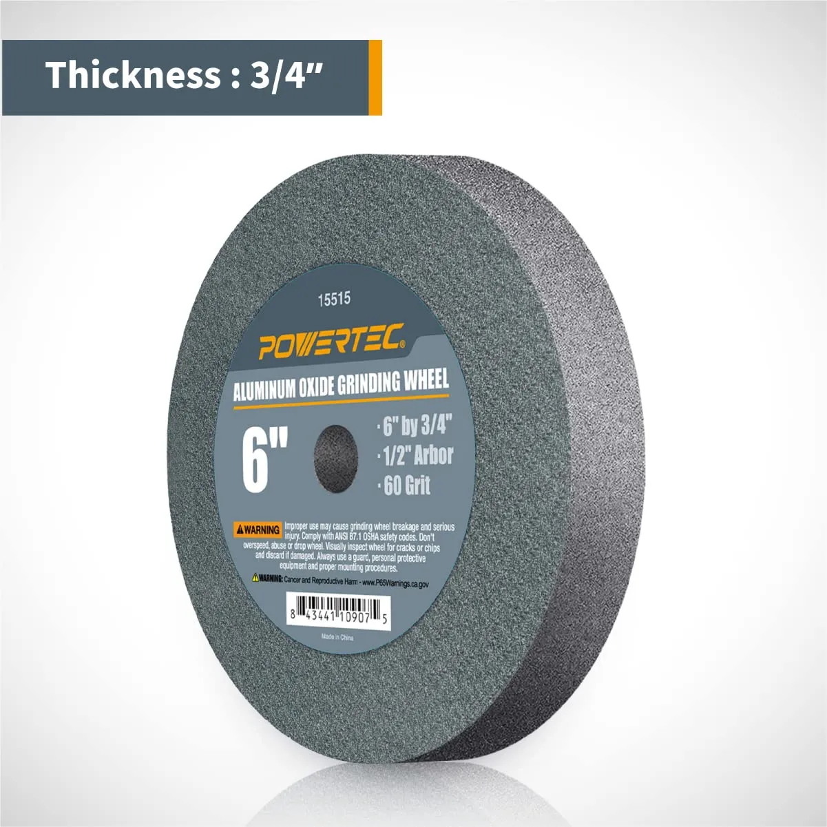 POWERTEC Bench Grinder Wheel 6 Inch 60 Grit, Aluminum Oxide Grinding Wheel for Bench Pedestal Grinder, 3/4" Thick 1/2" Arbor, Sharpening & Shaping Drill Bits, Blade, and Chisel 1PK (15515V)