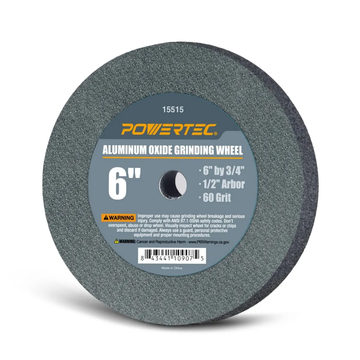 POWERTEC Bench Grinder Wheel 6 Inch 60 Grit, Aluminum Oxide Grinding Wheel for Bench Pedestal Grinder, 3/4" Thick 1/2" Arbor, Sharpening & Shaping Drill Bits, Blade, and Chisel 1PK (15515V)