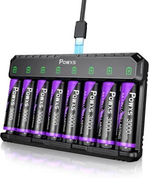 POWXS Rechargeable AA Batteries with Charger | 8 x 3000mAh Rechargeable Lithium AA Batteries, Ideal for Gaming Devices and Blink Cameras, Compatible with AA/AAA, Efficient Charging