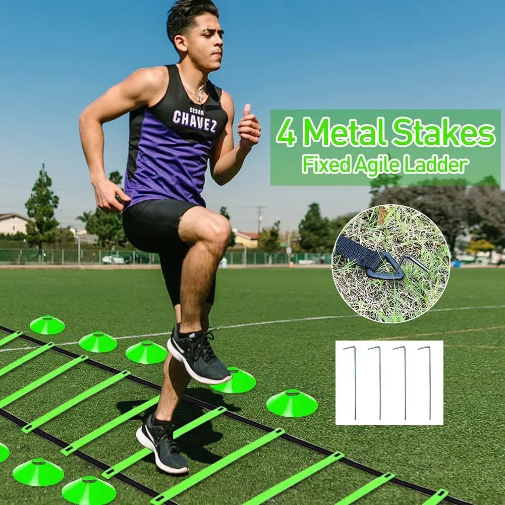 Pro Speed & Agility Training Set—Includes 12 Rung 20ft Adjustable Agility Ladder with Carrying Bag, 12 Disc Cones, 4 Steel Stakes, 1 Resistance Parachute, Use Equipment to Improve Footwork Any Sport