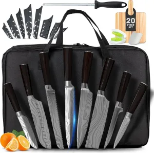 Professional Chef Knife Set - 20 PCS Japanese Kitchen Knife Set with Bag - Wooden Cutting Board, Knife Sharpener & More Included - Knife Set without Block for Home or Professionals