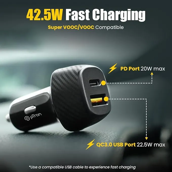 pTron Bullet Zip Mini 42.5W Car Charger Black