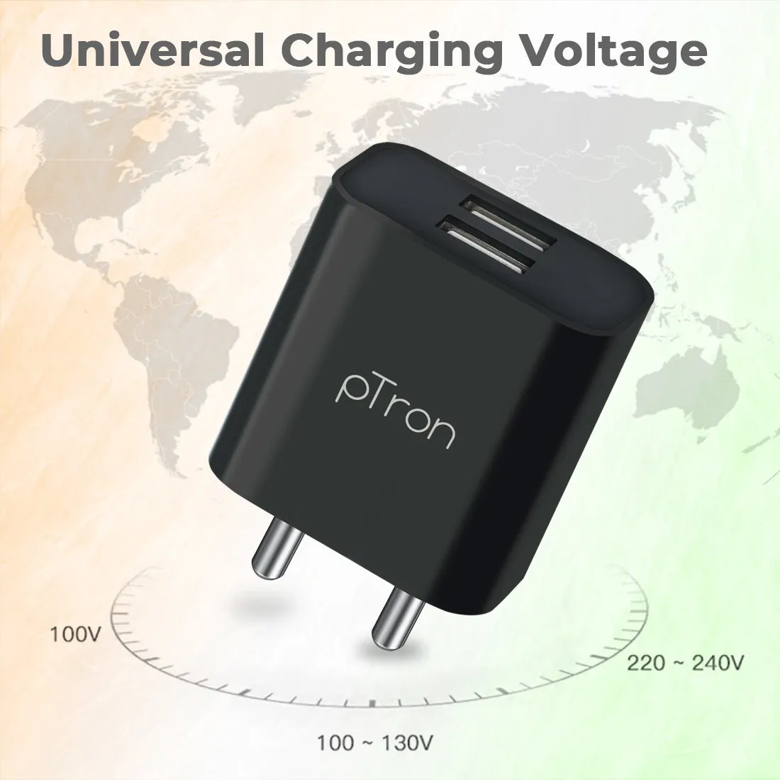 pTron Volta Dual Port 12W Smart USB Charger Adapter, Multi-Layer Protection, Made in India, BIS Certified, Fast Charging Power Adaptor Without Cable for All iOS & Android Devices (Black)