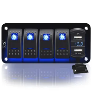 Purishion 4 Gang Rocker Switch Aluminum Panel with Voltmeter & Dual USB(4.8 Amps) Fast Charging, Blue Backlit Led, Pre-Wired IP65 Waterproof for Marine, Boat, Car, Truck, Polaris, Jeep (Blue)