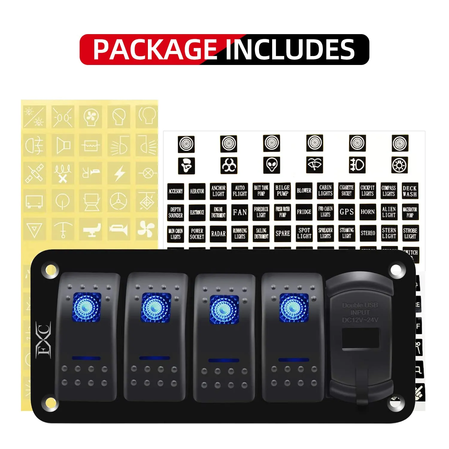 Purishion 4 Gang Rocker Switch Aluminum Panel with Voltmeter & Dual USB(4.8 Amps) Fast Charging, Blue Backlit Led, Pre-Wired IP65 Waterproof for Marine, Boat, Car, Truck, Polaris, Jeep (Blue)