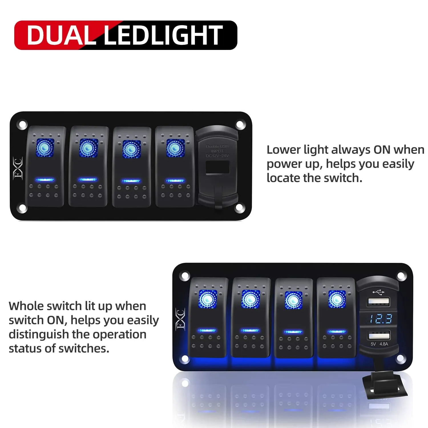Purishion 4 Gang Rocker Switch Aluminum Panel with Voltmeter & Dual USB(4.8 Amps) Fast Charging, Blue Backlit Led, Pre-Wired IP65 Waterproof for Marine, Boat, Car, Truck, Polaris, Jeep (Blue)