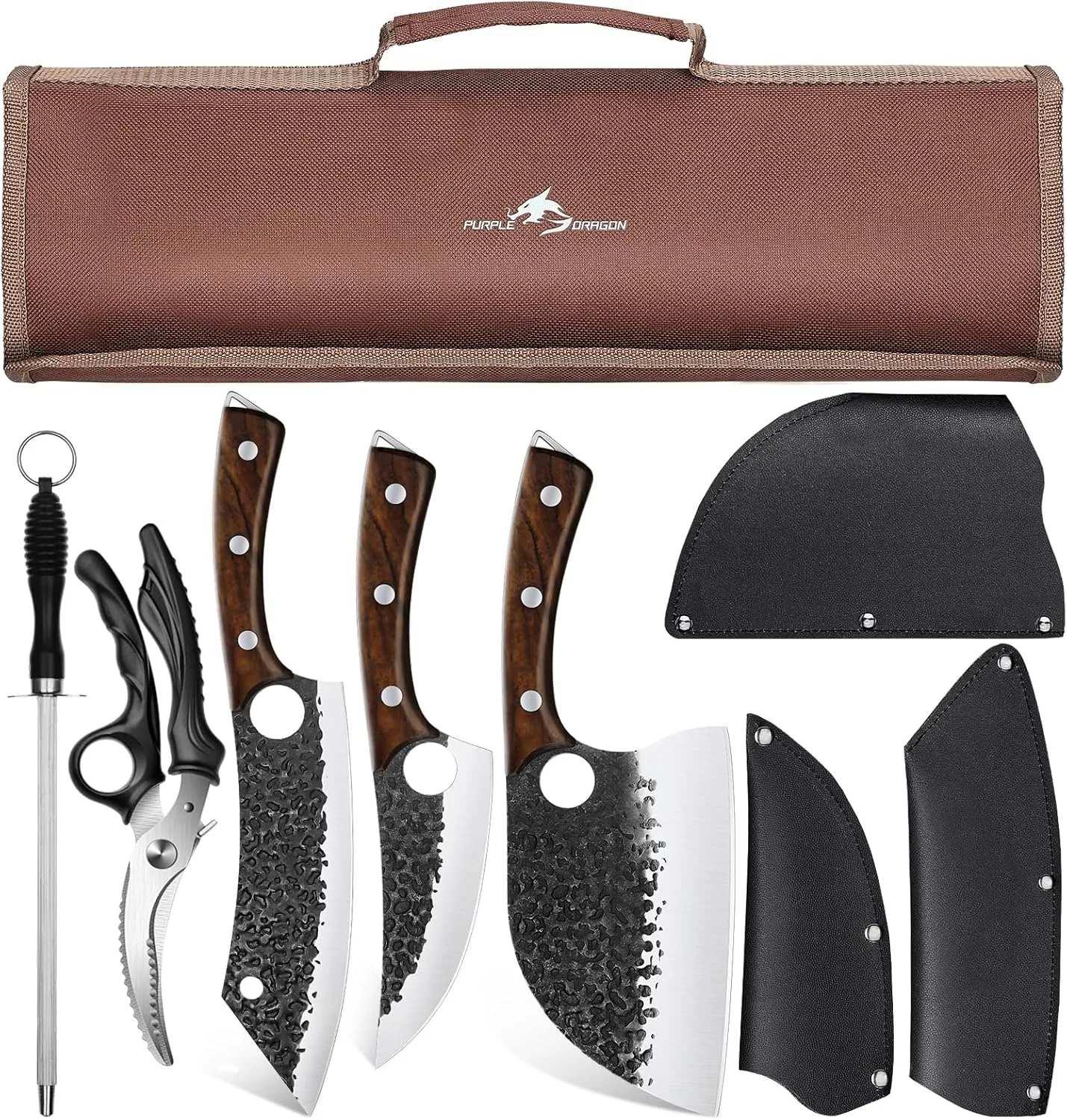 Purple Dragon Butcher Knife Set, 9 Pcs Chef Knife Set - Hand Forged Serbian Chef Knife Meat Cleaver Boning Viking Knives, Kitchen Knives Set with Roll Bag for Home Cooking, Outdoor Camping, BBQ