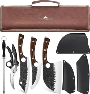 Purple Dragon Butcher Knife Set, 9 Pcs Chef Knife Set - Hand Forged Serbian Chef Knife Meat Cleaver Boning Viking Knives, Kitchen Knives Set with Roll Bag for Home Cooking, Outdoor Camping, BBQ