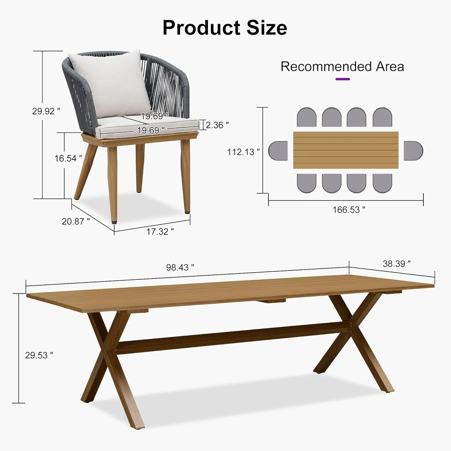 PURPLE LEAF 11 Pieces Patio Dining Set Wicker Outdoor Furniture Rectangular Table and Chairs Set for Garden Deck Teak-Finish Aluminum Frame Backyard Kitchen Set, Cushions and Pillows Included