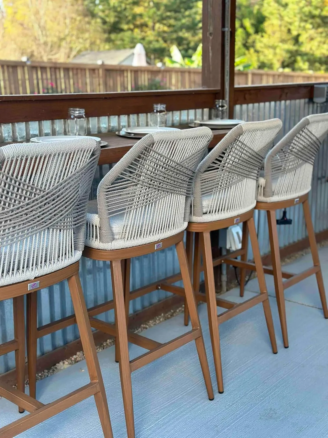 PURPLE LEAF Bar Stools Bar Height Set of 4 Outdoor Metal Accent Tall Barstools with Back Modern Wicker Rattan Boho Garden Pool Patio Bar Chairs