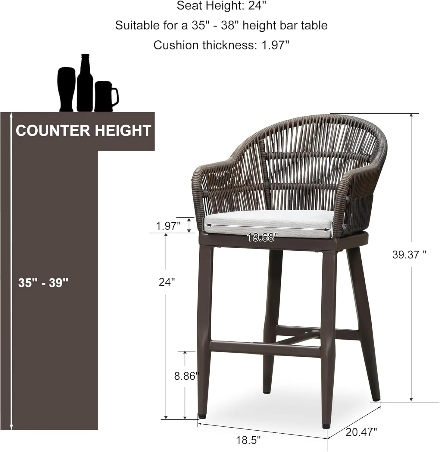 PURPLE LEAF Outdoor Counter Height Bar Stools Set of 2 Patio Metal Modern Wicker Rattan Bar Chairs Woven Aluminum Barstools with Back and Cushions for Balcony Garden Indoor Kitchen Outside Coffee