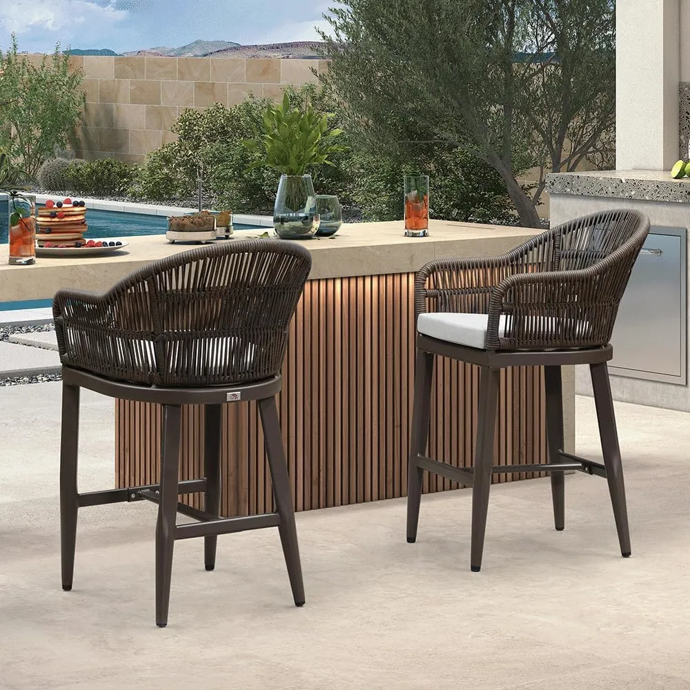 PURPLE LEAF Outdoor Counter Height Bar Stools Set of 2 Patio Metal Modern Wicker Rattan Bar Chairs Woven Aluminum Barstools with Back and Cushions for Balcony Garden Indoor Kitchen Outside Coffee