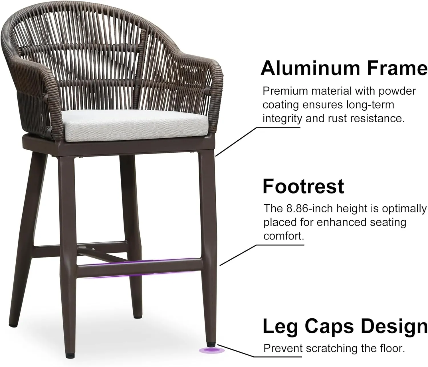 PURPLE LEAF Outdoor Counter Height Bar Stools Set of 2 Patio Metal Modern Wicker Rattan Bar Chairs Woven Aluminum Barstools with Back and Cushions for Balcony Garden Indoor Kitchen Outside Coffee