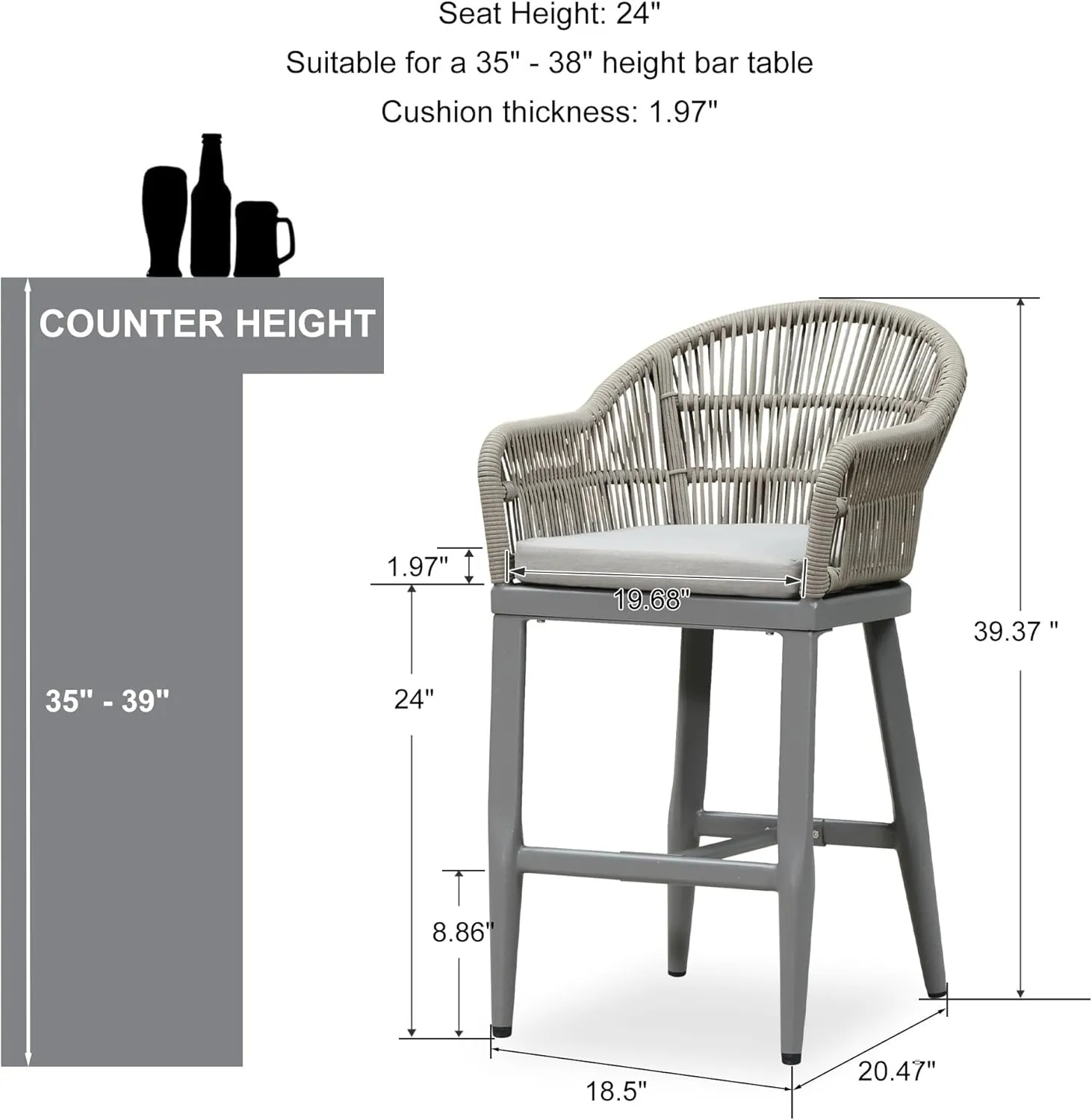 PURPLE LEAF Outdoor Counter Height Bar Stools Set of 2 Patio Metal Modern Wicker Rattan Bar Chairs Woven Aluminum Barstools with Back and Cushions for Balcony Garden Indoor Kitchen Outside Light Gray
