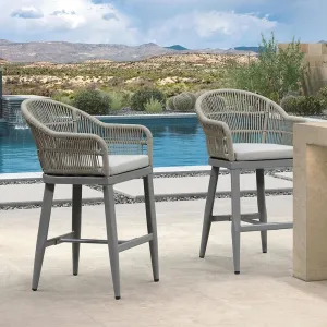 PURPLE LEAF Outdoor Counter Height Bar Stools Set of 2 Patio Metal Modern Wicker Rattan Bar Chairs Woven Aluminum Barstools with Back and Cushions for Balcony Garden Indoor Kitchen Outside Light Gray