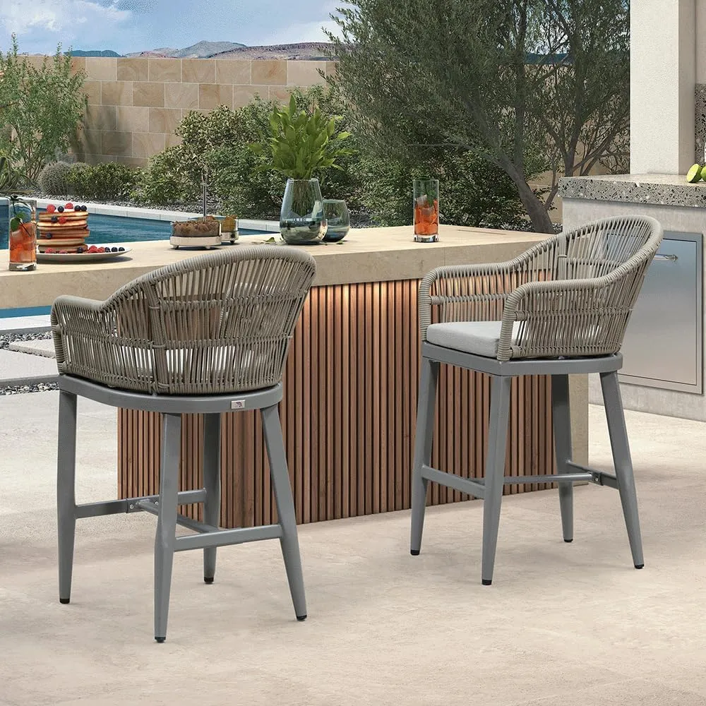 PURPLE LEAF Outdoor Counter Height Bar Stools Set of 2 Patio Metal Modern Wicker Rattan Bar Chairs Woven Aluminum Barstools with Back and Cushions for Balcony Garden Indoor Kitchen Outside Light Gray