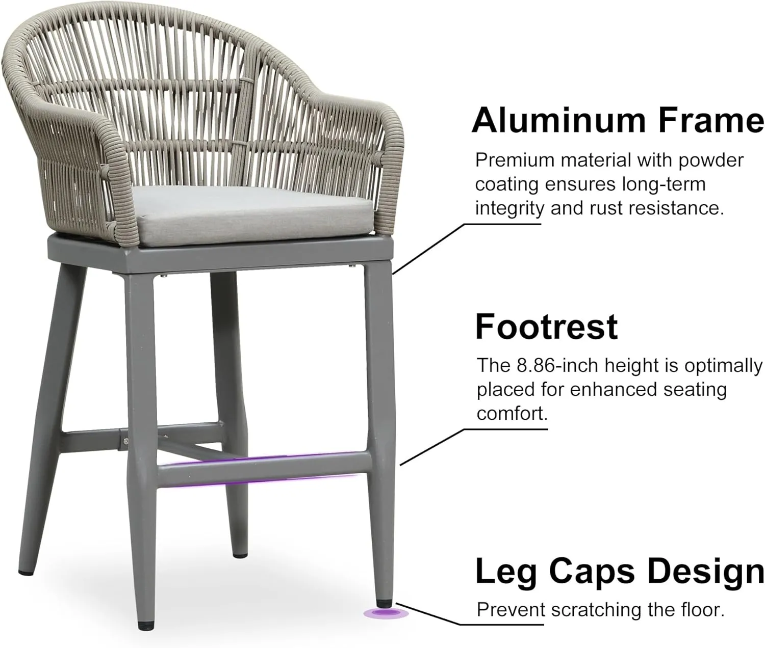 PURPLE LEAF Outdoor Counter Height Bar Stools Set of 2 Patio Metal Modern Wicker Rattan Bar Chairs Woven Aluminum Barstools with Back and Cushions for Balcony Garden Indoor Kitchen Outside Light Gray