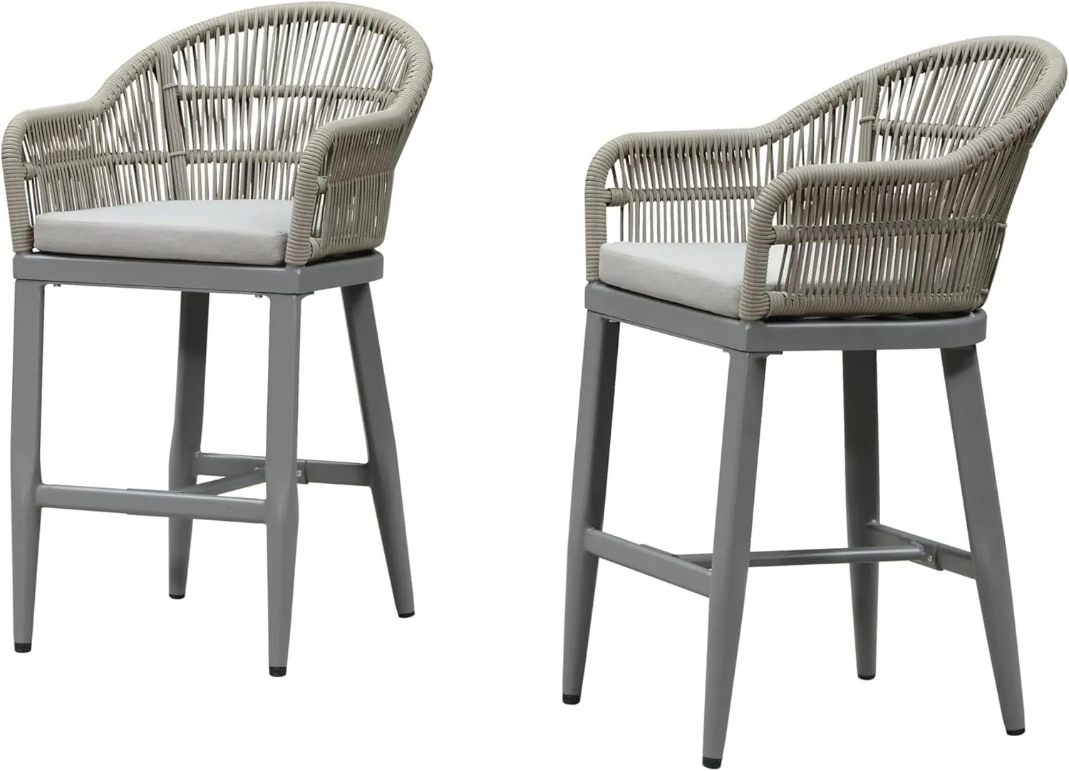 PURPLE LEAF Outdoor Counter Height Bar Stools Set of 2 Patio Metal Modern Wicker Rattan Bar Chairs Woven Aluminum Barstools with Back and Cushions for Balcony Garden Indoor Kitchen Outside Light Gray