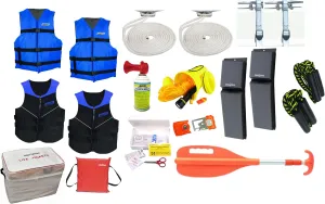 PWC Parts Ultimate Boating Starter Kit for All Boats w/Neoprene Life Jackets, Nyon Vests, Throw Cushion, 4X Dock Lines, Horn, Whistle, Contour Fenders, Gear Bag, First Aid Kit, Paddle (Medium)