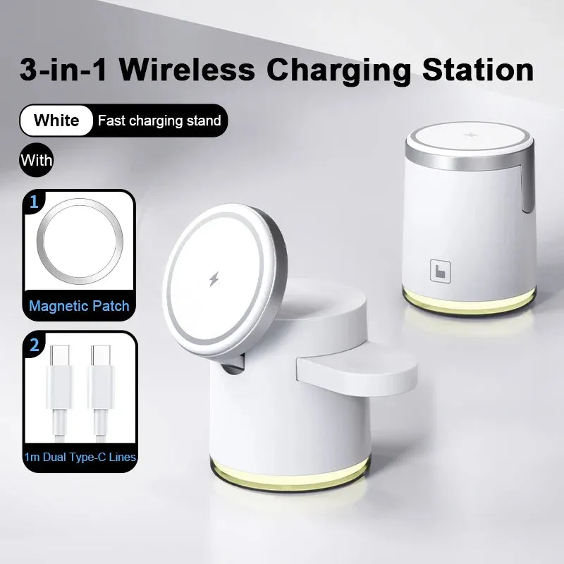 Qi2 Wireless Charger 3-in-1 Fast Charging Station Stand - Foldable Holder for iPhone, AirPods & Apple Watch