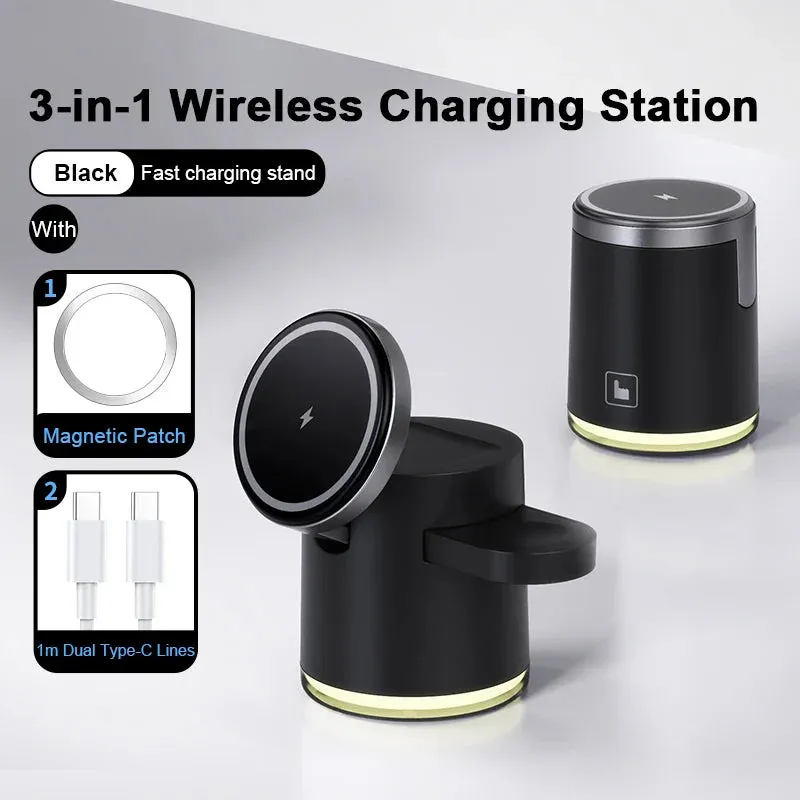 Qi2 Wireless Charger 3-in-1 Fast Charging Station Stand - Foldable Holder for iPhone, AirPods & Apple Watch