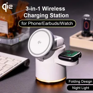 Qi2 Wireless Charger 3-in-1 Fast Charging Station Stand - Foldable Holder for iPhone, AirPods & Apple Watch