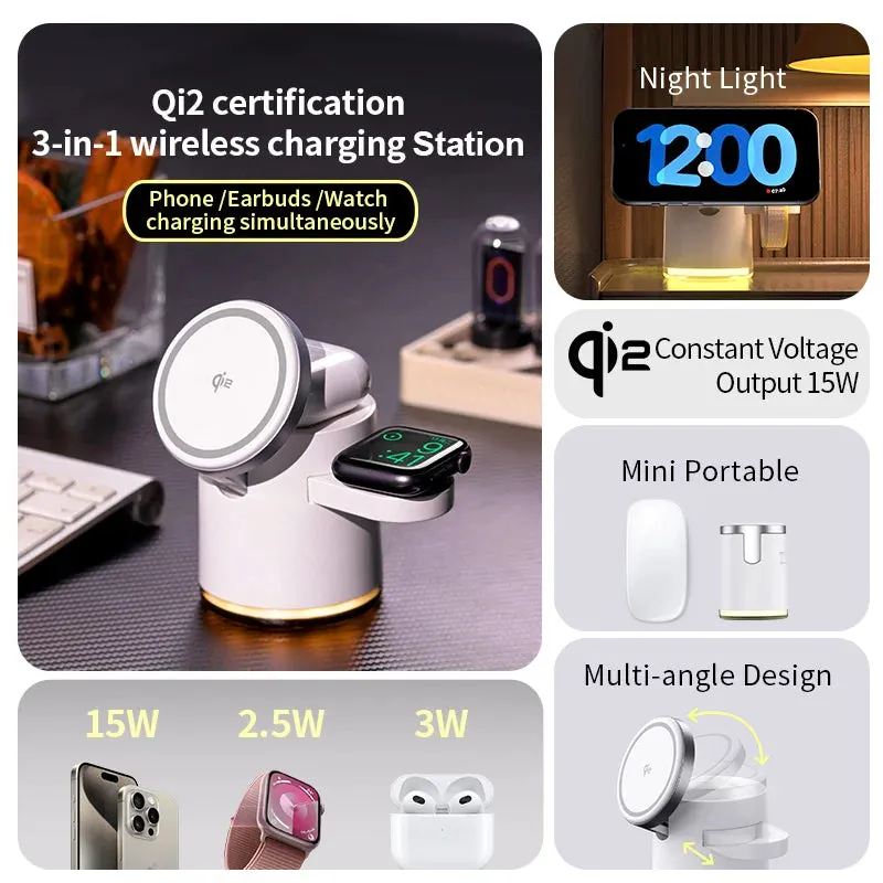 Qi2 Wireless Charger 3-in-1 Fast Charging Station Stand - Foldable Holder for iPhone, AirPods & Apple Watch